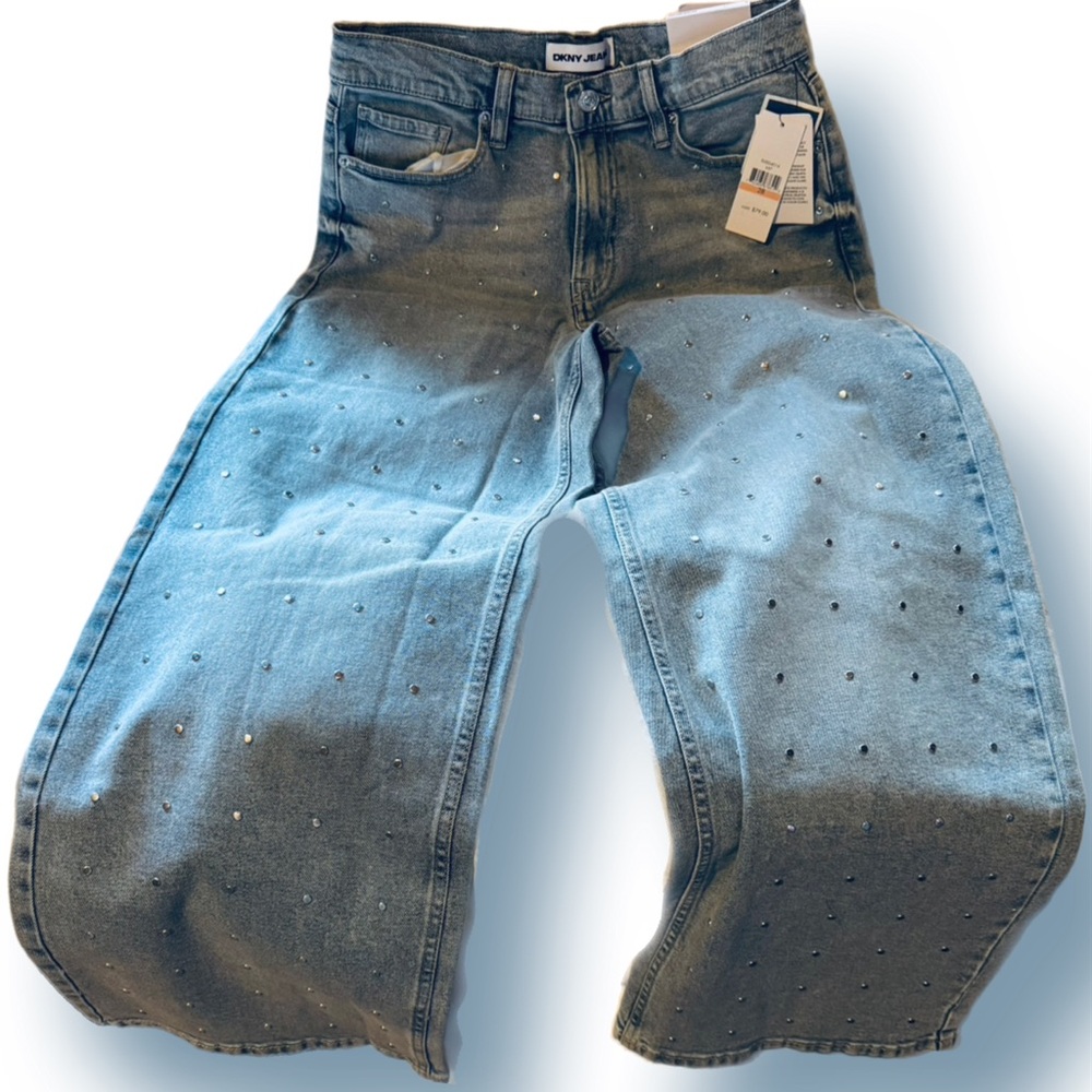 DKNY Light Blue Studded Wide Leg Jeans - Picture 2 of 11
